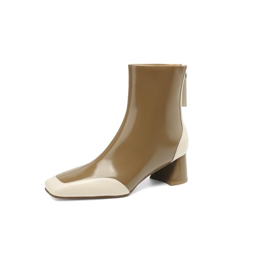 TinaCus Two-tone Genuine Leather Women's Square Toe Handmade Zipper Chunky Heels Trendy Ankle Boots