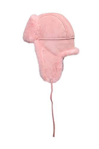 Image of Unisex Shearling Sheepskin Leather Aviator Russian Ushanka Trapper Winter Fur Hat (Pink, Small)