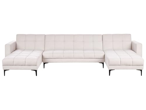 Sofá Tela Acolchada Capitoné en forma de U Reclinable 5 Plazas 3 Posiciones Respaldo Clic-Clac Blanco crema Alnes