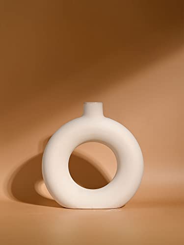 Image of PUREZENTO Ceramic White Donut Vase 8 Inch - Pack of 1 | Decorative Donut Vase for Dried Flowers and Pampas Grass | Vases for Modern Home Decor, Living Room, Office Decor Ideas