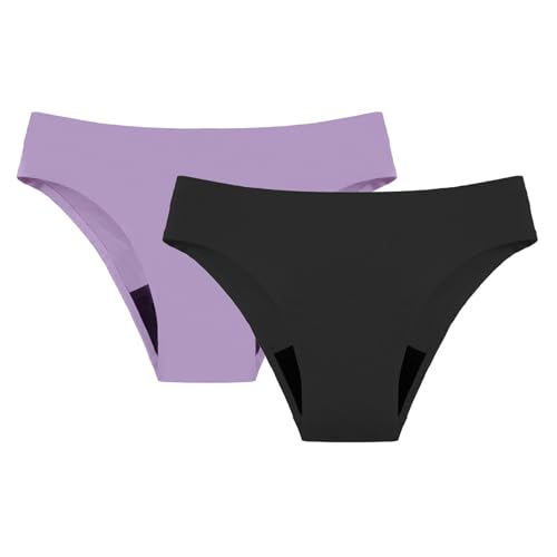 2 piezas de natación fisiológica menstrual para mujer, a prueba de fugas, bikini menstrual de 4 capas, ropa interior con pantalones cortos, Morado (, XXL