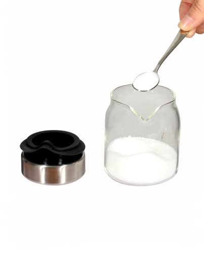 J&M Design Sugar Bowl With Lid And Spoon Creamer & Dispenser Bowls Set For Kitchen Countertop Coffee Bar Accessories Containers Glass Milk Carton 7Oz Holder Sugar Container Jar Stainless Steel Lid #TOP5