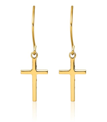 14K Solid Yellow Gold Holy Cross Christian Religious Drop Dangle Earrings3