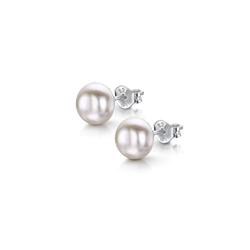 Amberta Pendientes de Botón para Mujer en Plata de Ley 925 con Perlas de Agua Dulce: Perla Blanca 7-8 mm