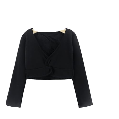 Girls Classic Thick Ballet Long Sleeve Wrap Top Velvet Inner Winter Warm Up Cardigan Shrug Front Knot Dress Cover Up for Pilates Yoga Workout(Black,M(100-120cmHeight))