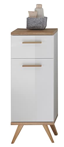 Pelipal Badezimmerschrank Quickset 923 in Weiß Glanz/Riviera Eiche quer Nachbildung, 35,5 cm breit | Unterschrank mit 1 Tür, 1 Schubkasten und 2 Glas-Einlegeböden