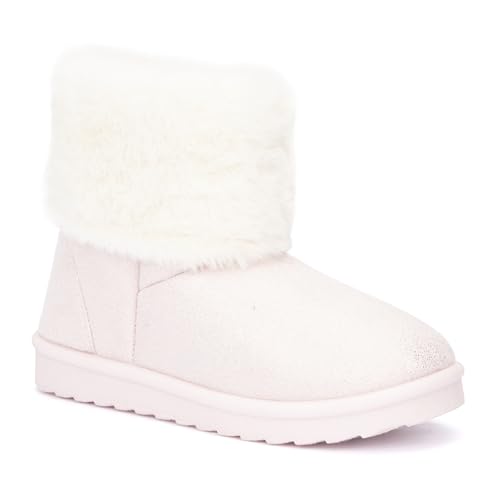 Olivia Miller Kid's Girl Fashion Shoes, Sparkling Stardust Shimmer Faux Suede w Fur Rubber Sole Slip On Round Toe Winter Snow Casual Classic Pull On Slipper Bootie Ankle Boots