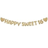 Fulmoon Pre Strung Happy Sweet 16 Banner Glitter Sixteenth Birthday Party Decorations 16th Party Sign Sweet 16 Party Decorations for Birthday Party Bachelorette Party(Champagne Gold)
