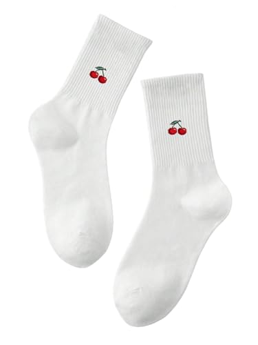 Women's Cherry Embroidery Crew Socks Soft Cute Calf Socks for Daily Wear