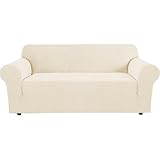 H.VERSAILTEX Stretch Couch Covers for Sofa 1 Piece Slipcovers for Couches and Sofas 3 Seater Couch Cover Feature Thick Checked Jacquard Fabric with Elastic Bottom, 72'-88' Wide, Cream