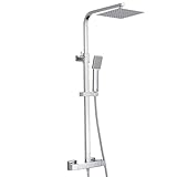 Thermostatic Shower Mixer Set, NewEast Square Chrome Bathroom Thermostat Shower System with Overhead Rainfall Shower, Power Shower Unit