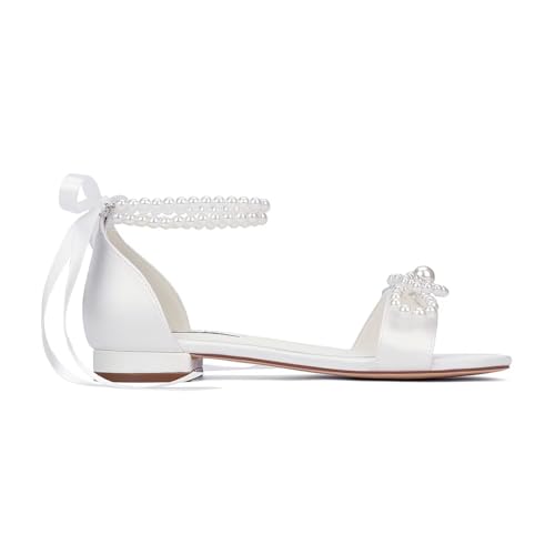 Flat Wedding Shoes for Bride Pearl Sandals Open Toe Wedding Flats Double Bowknots Bridal Flats4