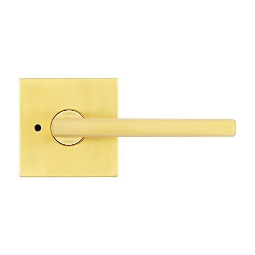 Image of Kwikset Halifax Interior Privacy Door Handle with Lock, Door Lever For Bathroom and Bedroom, Satin Brass Reversible Keyless Push Button Lock Door Lever, with Microban Protection, Square Rose