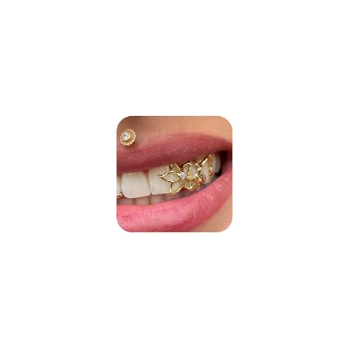 Gold Teeth Grillz with Flower Star Design Hollow Zircon Teeth Grillz for Men Women Adjustable Fit Premium Copper with Vacuum Electroplating Hip Hop Fashion Costume Jewelry