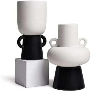 TERESA'S COLLECTIONS Black White Vase for Flowers, Set of 2 Modern Ceramic Vases for Gift, Stoneware Flower Vase for Home Living Room Decor