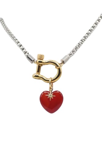 Carnelian : Natural Healing Crystal Heart Pendant Necklace with a Horse Shoe Clasp for Timeless Luck for dreamers doers and go-getters. Stainless Steel Water Proof and Non Tarnish. (Silver Plated Chain with Gold Horse Shoe Clasp Large Heart Crystal)