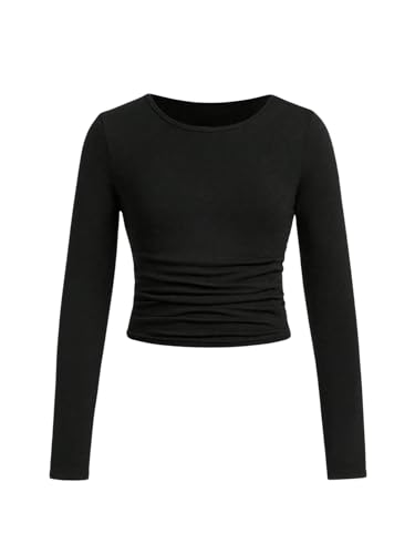 SOLY HUX Girl's Round Neck Long Sleeve Ruched T Shirt Crop Tops Slim Fit Solid Tee