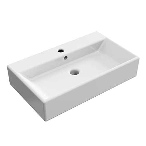 BAIKAL, Lavabo Cerámico sobre Encimera. Lavabo Redondo. Ideal para poner sobre Encimera de Muebles de Baño y todo tipo de Aseos. Lavabo Con orificio para grifo 60 cm Blanco Recto