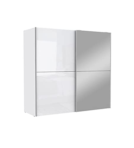 Meubletmoi Armoire 2 Portes coulissantes 5 tablettes Blanc Brillant Miroir - Moderne - JEIK