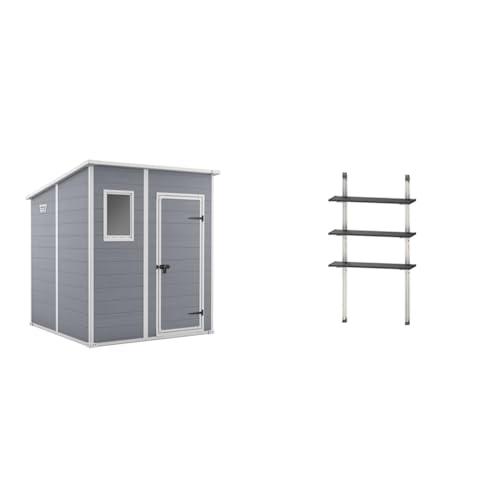 Keter Manor Pent Garden Storage Shed 6 x 6 feet - Grey, 200.6 cm*183.5 cm*183.0 cm + Keter Shed Shelving Kit