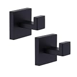 TASTOS Bath Towel Hooks Matte Black, 2 Pack Stainless Steel Robe Coat and Clothes Hook, Heavy Duty Wall Hook for Bathroom & Kitchen, Modern Square Style Wall Mounted (Black)