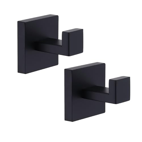 TASTOS Bath Towel Hooks Matte Black, 2 Pack Stainless Steel Robe Coat and Clothes Hook, Heavy Duty Wall Hook for Bathroom & Kitchen, Modern Square Style Wall Mounted (Black) by TASTOS - Used condition - US$12.78