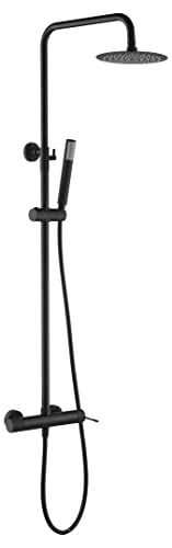 IMEX - Conjunto Columna de bañera y ducha - Barra de ducha Elegir entre grifería termostática o grifería monomando - Serie Line Negro Mate - Monomando - BDD038/NG Cover