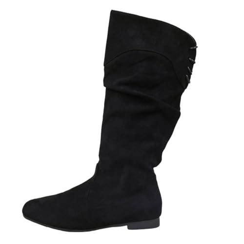 Bottes plissées à lacets pour femme style britannique en cuir noir