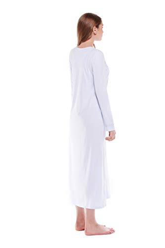 Keyocean Nightgown for Women, 100% Cotton Long Sleeves Lightweight Comfy Ladies Sleeping-Gown, Light Blue, Large
