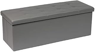 Bonlife Large Grey Faux Leather Ottoman Storage Bench,Toy Box Chest Foldable Seat Foot Stool,Bed End Bench Bedroom Furniture Hold Up to 300 kg 110x38x38cm