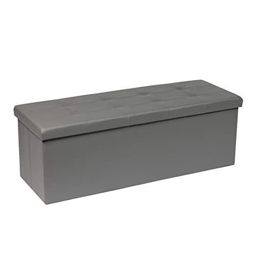 Bonlife Large Grey Faux Leather Ottoman Storage Bench,Toy Box Chest Foldable Seat Foot Stool,Bed End Bench Bedroom Furniture Hold Up to 300 kg 110x38x38cm
