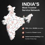 Map of India showing a widespread service network with 700+ cities and 18,500+ pincodes, trusted by 1 Crore homes.