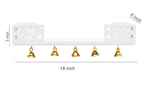 Image of Wooden Wall Shelf with Bells, Traditional Indian Style, Rectangular, Painted Finish | Mandir wall Shelf for Home and Office (White)