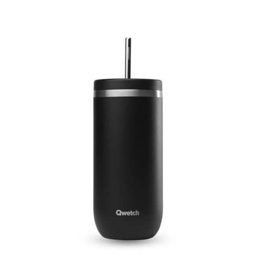 QWETCH – Vaso Térmico Cold Cup 600ml con Pajita Inox Negro – 24h Bebidas Heladas – Acero Inox Reciclado – Antisalpicaduras – Ideal para Café Frío, Bubble Tea y Agua Saborizada