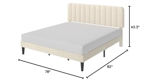 Image of VECELO King Size Bed Frame with Upholstered Headboard, Velvet Platform Bedframe Mattress Foundation, Strong Wood Slat Support, No Box Spring Needed,Velvet Beige