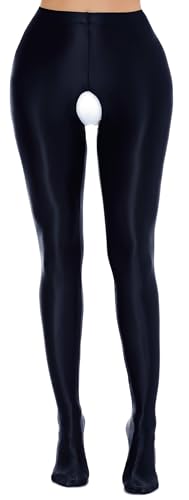 FEOYA Women's Open Crotch Oil Shiny Pantyhose High Waist Control Top Silky Oily Crotchless Footed Tights Stockings