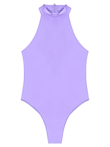 Feeshow Mens Oil Glossy Bodysuit Workout Biketard Unitard Sleeveless Wrestling Singlet Jumpsuit Light Purple X-Large #TOP3