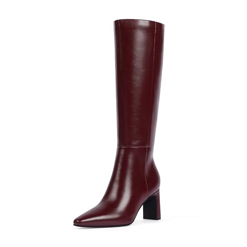 QIY Knee High Burgundy Boots Women Boot Fall 2025 Long Wine Boots for Women Chunky Block Dress Square Toe Faux Leather High Heeled Tall Boot Size 8