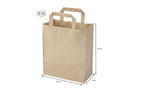 Lot de 50 Sacs Marrons Cabas en Papier Kraft avec Poignées Plates - 21x11x25 cm - Sac de Courses/Emballage cadeau pour anniversaire, Noel, mariage. - Image 3
