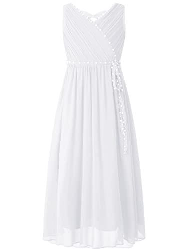 Agoky Vestido Largo de Fiesta Boda para Niñas Mono de Ceremonia Vestido sin Manga de Gasa Vestido Elegante de Dama de Honor Cumpleaños Blanco B 15-16 años