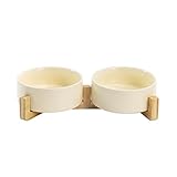 SPUNKYJUNKY Keramik Doppel Futternapf mit Bambus Ständer für Katzen und Hunde (400ml, Beige)