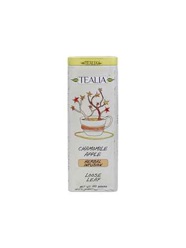 Tealia Té de hierbas de hojas sueltas, mezcla de manzanilla y manzana, lata resellable de 100 g, infusión floral naturalmente sin cafeína, té suelto de primera calidad en lata