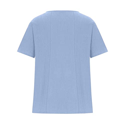 Women Summer Cotton Linen Tops Casual Trendy Easter Tunic Tees Short Sleeve Crew Neck Plus Size Button Blouses T-Shirt Light Blue #TOP4
