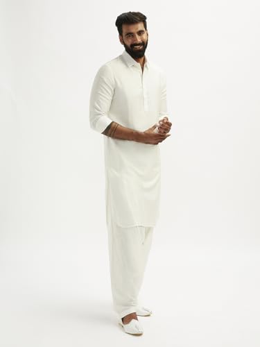 Image of VASTRAMAY Men's Black and White Viscose Pathani Kurta Set, Traditional Pathani Khan Suit Set in Viscose Fabric, and Salwar Patiala Pyjama for Weddings & Festival, Ethnic Outfit | Independence Day