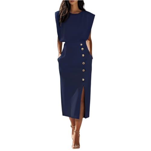 Etuikleid Damen Elegant Für Hochzeit Lang Cocktailkleid Business Kleid Hochzeitsgast Midi Mit Schlitz Abendkleid Festliche Kleider Knöpfe Midikleid...