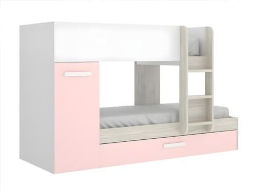 La felicità è di casa Vente-unique - Letto a Castello con cassetto Letto a Scomparsa e contenitori 3 x 90 x 190 cm Bianco, Naturale e Rosa - Anthony