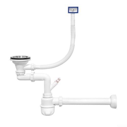 ZAMETTER Trampa doble para fregadero con puerto para lavavajillas, kit de sifón de drenaje de PVC de polipropileno de acero inoxidable para aberturas de 84 a 90 mm, incluye dos coladores, botón de