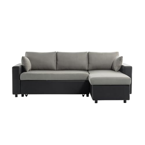 LOUNGITUDE - Canapé d'angle réversible, Convertible en Simili et Microfibre avec Coffre - Gris/Noir - 3 Places