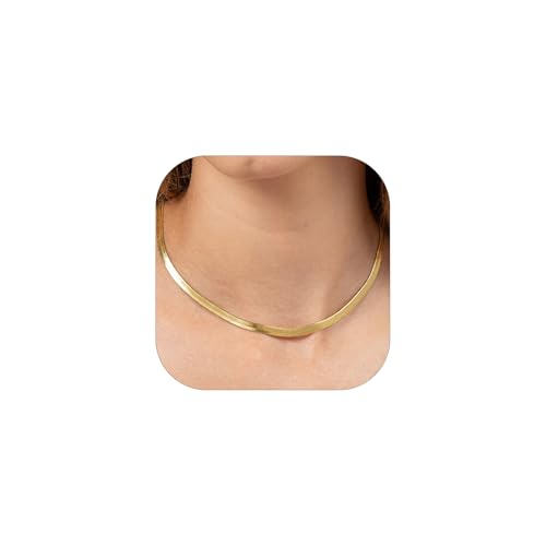 FOCALOOK 14K Gold Plated Necklaces for Women, Fashion Herringbone Choker Necklace Stainless Steel Flat Snake Chain 3/5MM(W) 12.5