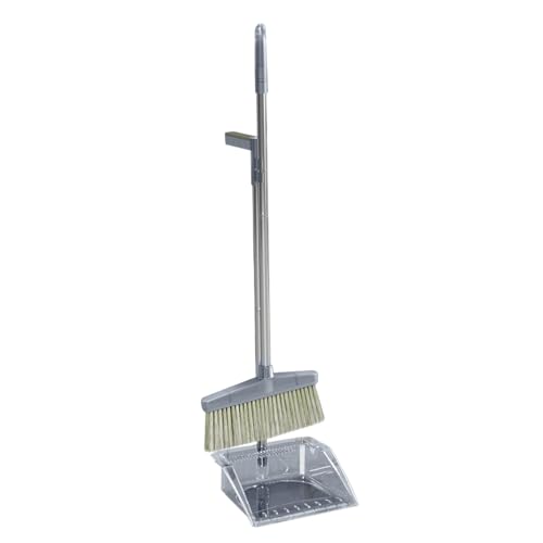 Broom and Dustpan Set, House Broom with Standing Dustpan Combo Upright Dust Pan and Broom Broom Set with Clip for Home Kitchen Lobby Indoor Floor (Grey)